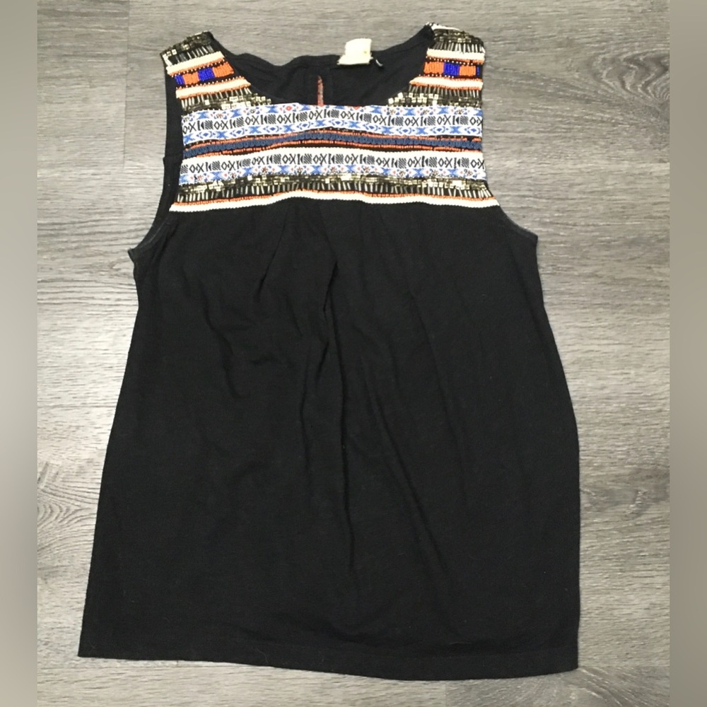Anthropologie Akemi + Kin Knit Top Black Sleeveless  Embroidered Beads Size XS